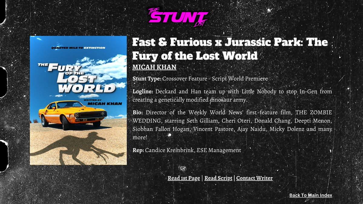 AshLazerWrites's tweet photo. @TheStuntList @BobBrush47 @thecolbyday @NGDWrites @ThatsWright @rudiomeara @inherentcharlie @BittrScrptReadr @brianscully @LukeWritesStuff @MeatBringer @CoiledMortal @BenjaminCrew1 @MiguelAParreno @joshbarkey @timwestland @tibbenhammer @sambwrite @kcthemeek FAST &amp; FURIOUS x JURASSIC PARK | Written by Micah Khan

Deckard and Han team up with Little Nobody to stop In-Gen from creating a genetically modified dinosaur army. https://t.co/2BvCe528ny