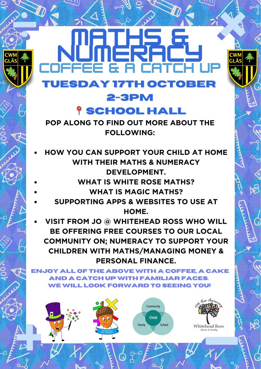 CGPrimary's tweet photo. 🔢Join us on Tuesday 17th October 2-3pm for our Maths &amp; Numeracy Coffee &amp; Catch Up! Find out about how you can support your child at home, schemes we follow in school &amp; much more! All whilst enjoying a coffee, a cake and a chat 🥰 We can’t wait to see you! #CGPMath #CGPComm🔢 https://t.co/vK40LfZzR0