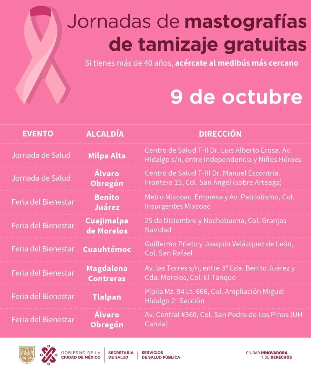 Todos_Somos_PC's tweet image. 🧵Además, hoy tenemos #JornadaDeMastografías gratuitas de @SSaludCdMx para mujeres de 40 a 69 años, en 6 de 10 sedes.

Toma en cuenta los siguientes requisitos: 

🧴No usar crema ni desodorante
🪪Presentar INE 
👚Vestir ropa cómoda

¡Te esperamos!🤞🏻

#CuidaDeTi