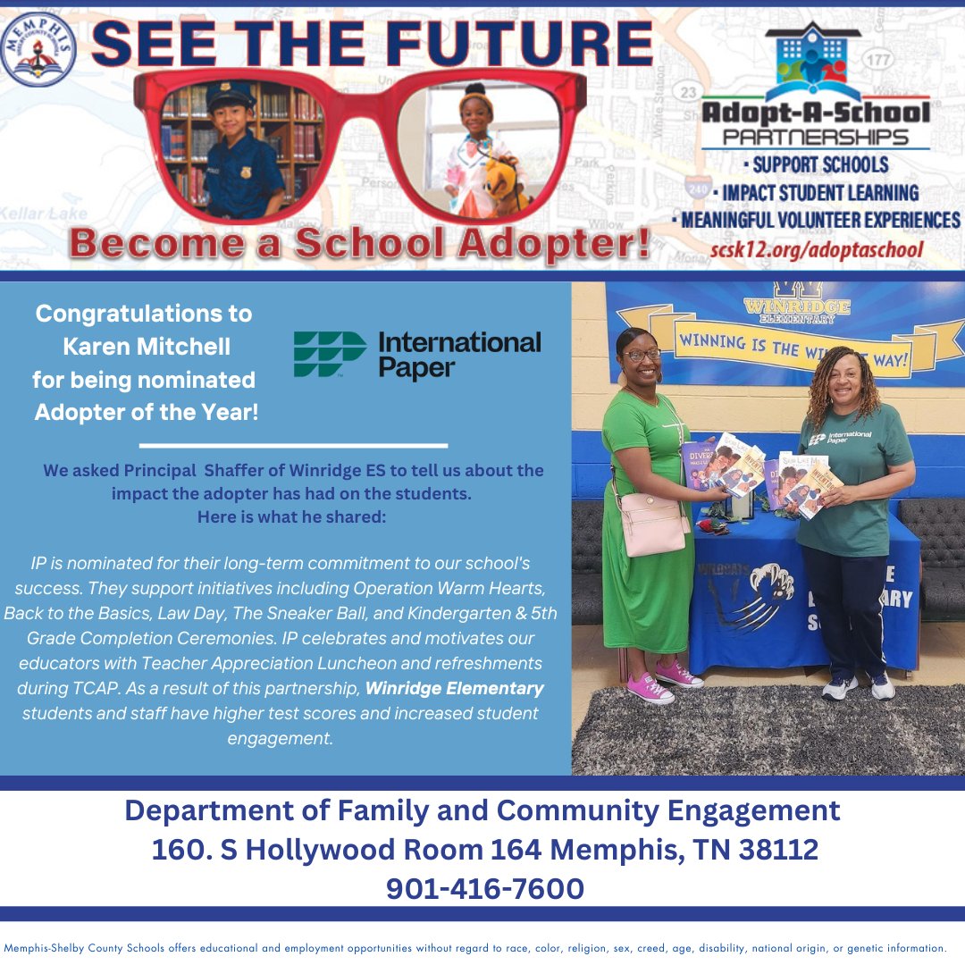 We are celebrating Adopt-A-School Partnerships Month by highlighting activities adopters are doing and the difference they make in our schools. Adopter of the Year will be announced at the end of the month. Today’s nominee from Winridge Elementary is International Paper.