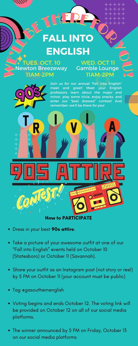 gasouthernengl's tweet image. Don&apos;t forget: 

Tomorrow in Statesboro and Wednesday in Savannah we&apos;re having our &quot;Fall into English&quot; events, which also include a 90&apos;s themed attire contest!

See you in your #ThrowbackThreads

#GeorgiaSouthern #DearEnglishMajor #FallIntoEnglish #books #bookstagram