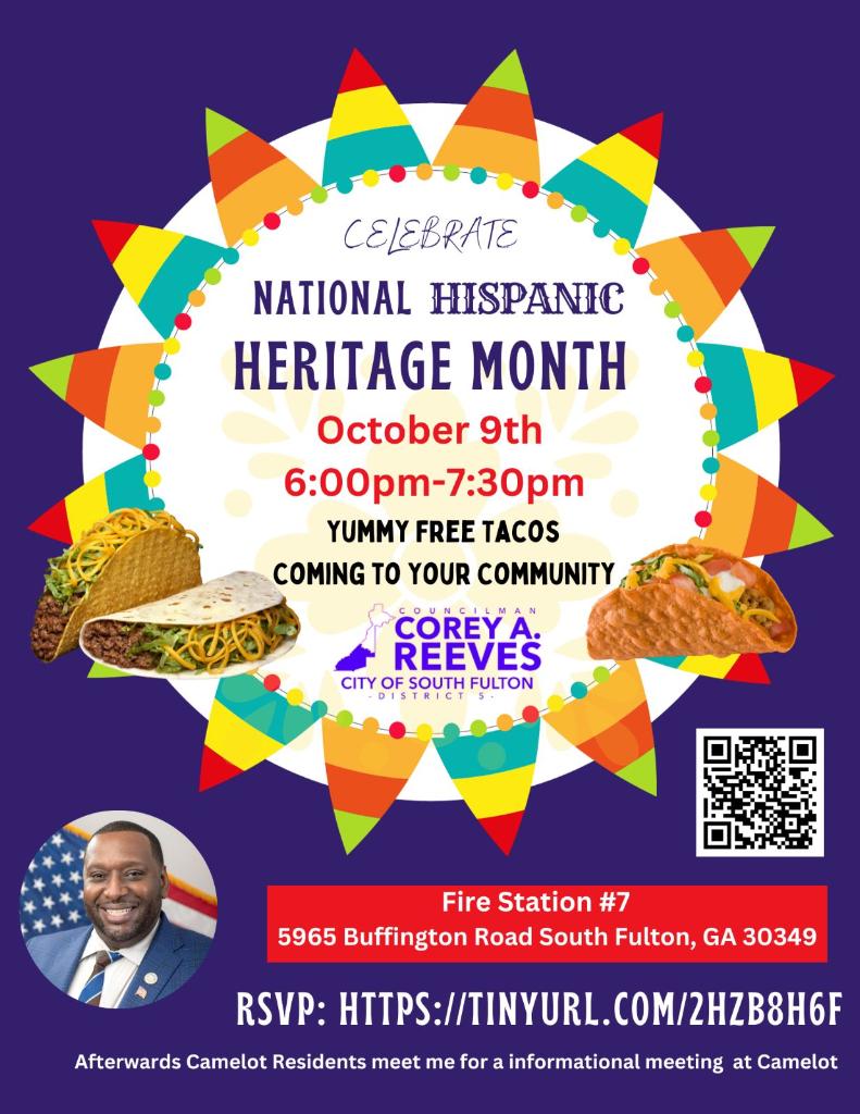 ReevesCOSF5's tweet photo. 🎉 Join Councilman Corey A. Reeves for a delicious celebration of National Heritage Month tonight at 6pm! 🌮🗓️ RSVP: #SouthFulton #CommunityUnityhttps://tinyurl.com/2hzb8h6f https://t.co/aXWVa8H21R