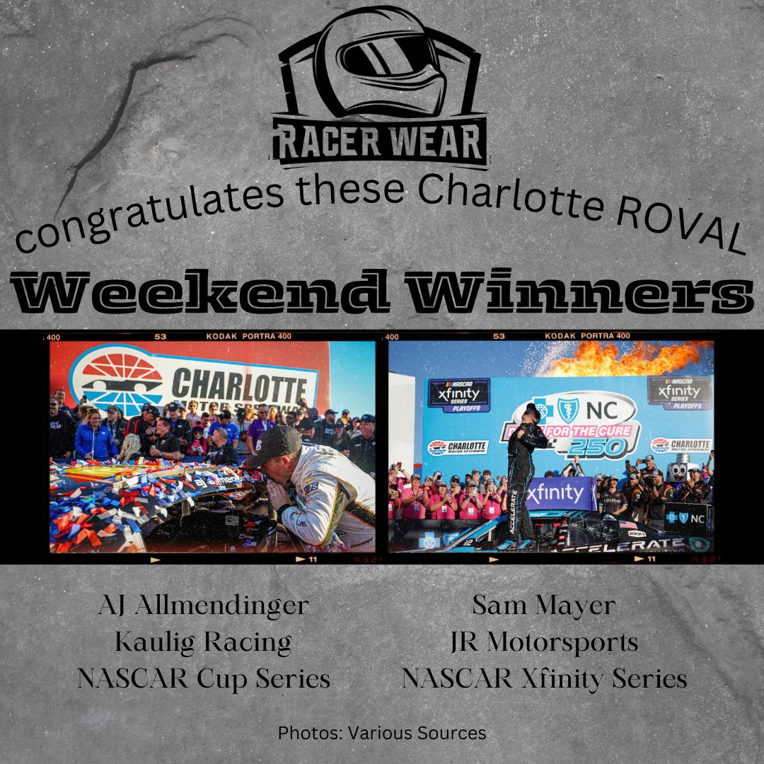 Help us congratulate these #WeekendWinners from the #roval!

#DriveForTheCure250: @sam_mayer_ | @JRMotorsports

#BofAROVAL: AJ Allmendinger | @KauligRacing

#NASCAR @CLTMotorSpdwy #NASCARPlayoffs #RacerWear #NeverStopRacing #Motorsports #Apparel #RaceDay #Racing