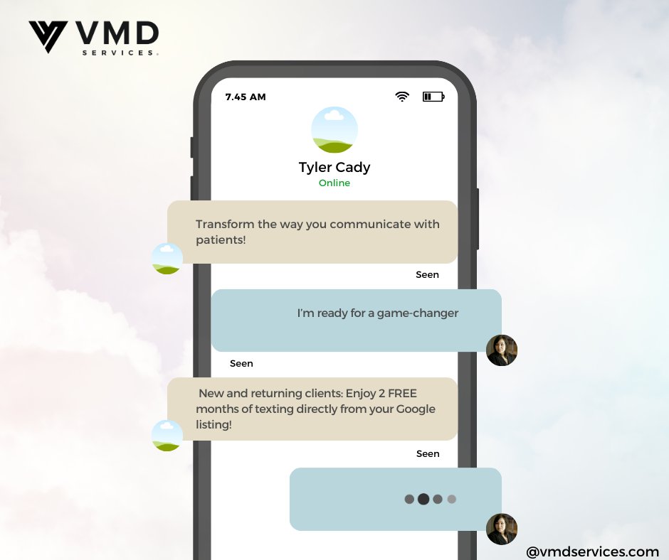 vmdservices's tweet image. Are you ready to transform the way you communicate with patients? 📱 Get ready for a game-changer: Enjoy 2 FREE months of texting directly from your Google listing! 🚀 #PatientCommunication #TextingRevolution #GoogleListingUpgrade
bit.ly/3rz9hGc
