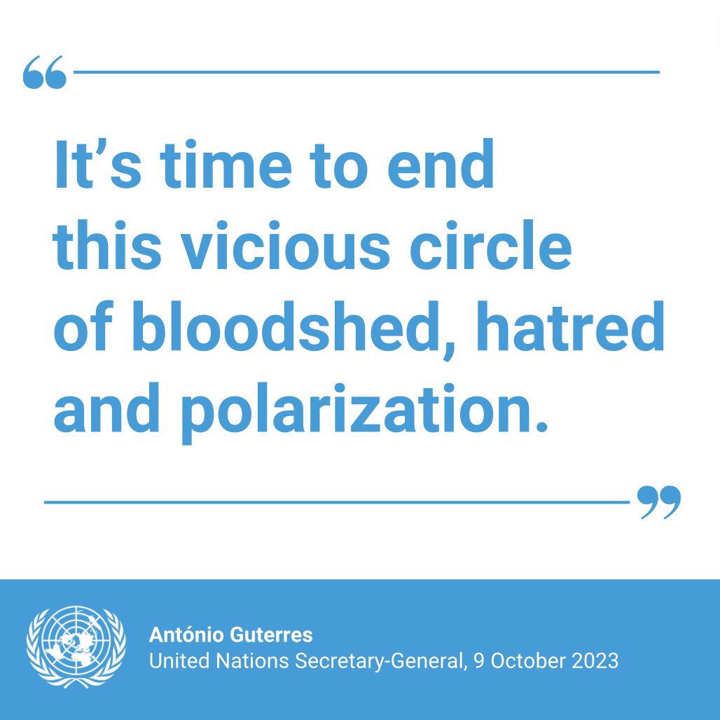 UN's tweet photo. “It’s time to end this vicious circle of bloodshed, hatred and polarization.”

– @antonioguterres says only a negotiated peace that fulfills the legitimate national aspirations of Palestinians &amp; Israelis alike can bring long-term stability. https://t.co/FU91blQzCh https://t.co/V0xQ8ZXqF4