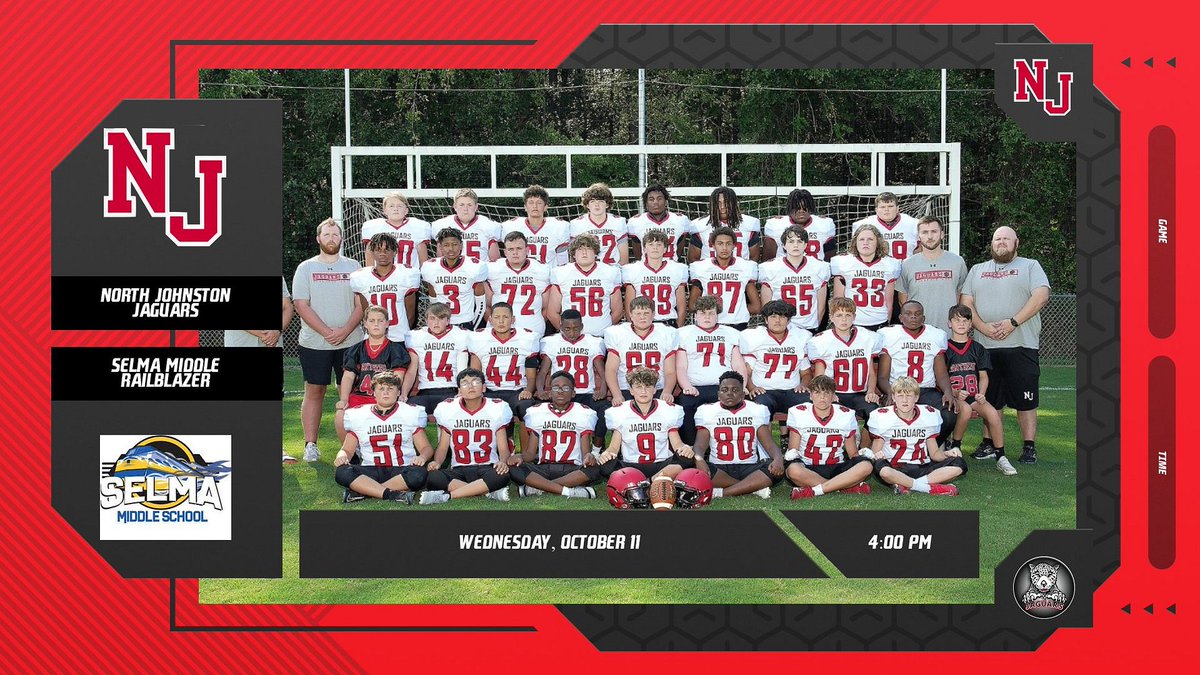 NoJo_Jaguars's tweet photo. Come out and support  our Football team on Wednesday 10/11 as we host Selma Middle. Game starts at 4pm. Tickets online or at the gate $5.00. @Selma_Middle https://t.co/JllSVCUEaa