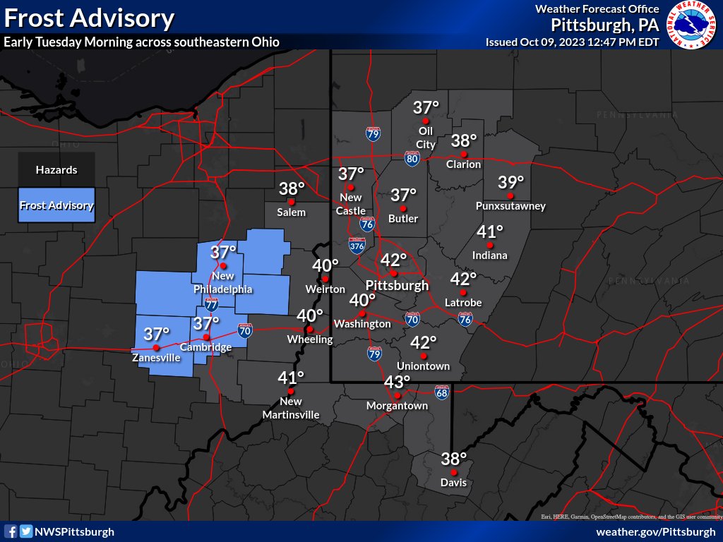 NWSPittsburgh's tweet photo. A Frost Advisory has been issued for part of southeast #OHwx tonight into early Tuesday morning where lows dip into the mid to upper 30s. Might see a spot or two of frost elsewhere along/north of I-80 and in elevated valleys if winds can subside and clouds clear. #pawx #wvwx https://t.co/KTVeS9I7GG