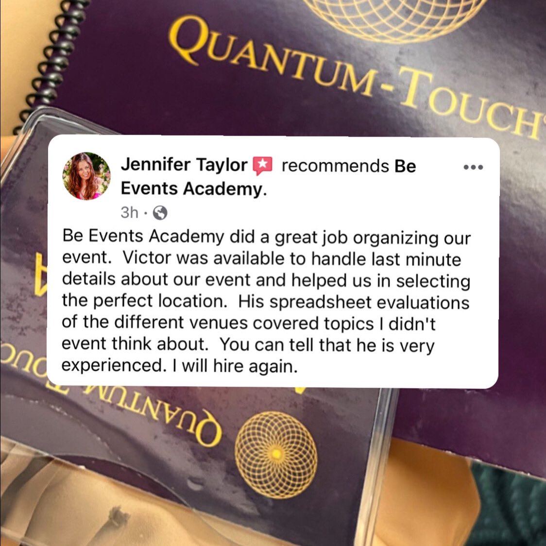 BeEventsAcademy's tweet photo. It’s always great to see such positive reviews from clients. Thank you Jennifer from Quantum-Touch for trusting Be Events Academy for your event needs! 💯 #cancunmexico🇲🇽 
#internationalevent #eventplanning #review #beeventsacademy https://t.co/fym6YjPvjN