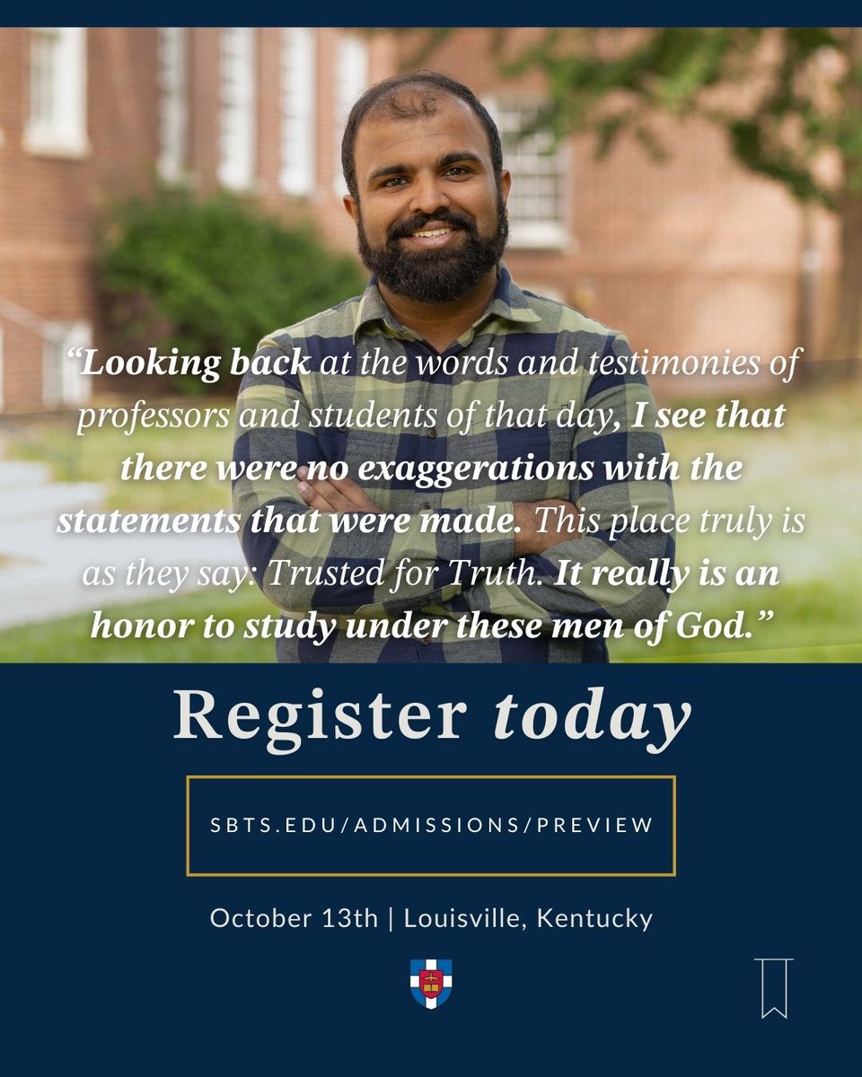 SBTS's tweet photo. Preview Day gave Levin the confidence to know that God was leading his family to #SouthernSeminary ๐
So, WHY WAIT?โ Come to #SBTSPreview THIS FRIDAY, October 13th, and see what God is doing here at Southern.
We would love to have you! ๐๐ https://t.co/9vWBChejdW