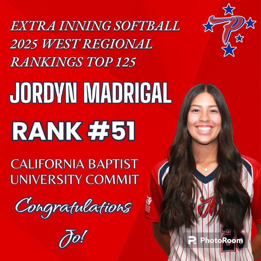 SoSiofele's tweet photo. 🚨 EXTRA INNING SOFTBALL 2025 WEST REGIONAL RANKINGS (TOP 125):
CONGRATULATIONS to our Cal Baptist Commit (Class of 2025 C/SS), JORDYN MADRIGAL, on ranking #51 on the EIS REGIONAL RANKINGS (WEST)!! WAY TO GO JO!! #cheehoo #5sup @ExtraInningSB @CBUSoftball https://t.co/gZMORVwMrD