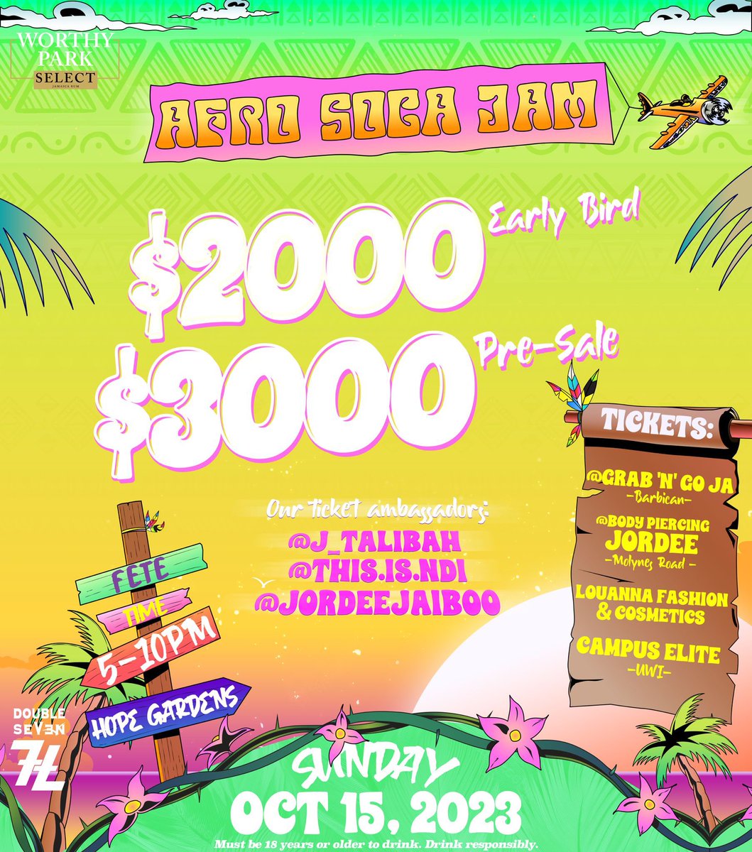 Afro Soca Jam is TODAY (@afrosocajam) on Twitter photo THIS SUNDAY! ๐ฅณ Get your tickets now, doe itch ๐ค
๐๏ธ $2000 early bird
๐๏ธ $3000 pre-sale
Outlets:
๐Grab & Go, Barbican
๐Body Piercing by Jordee, Molynes Road
๐Louanna , Pristine Plaza
๐<a href="/campuselitejm/">Campuselitejm</a>, UWI
Ticket ambassadors (IG)
@j_tailbah
<a href="/this/">NOT @THIS</a>.is.ndi
@jordeejaiboo THIS SUNDAY! ๐ฅณ Get your tickets now, doe itch ๐ค
๐๏ธ $2000 early bird
๐๏ธ $3000 pre-sale
Outlets:
๐Grab & Go, Barbican
๐Body Piercing by Jordee, Molynes Road
๐Louanna , Pristine Plaza
๐<a href="/campuselitejm/">Campuselitejm</a>, UWI
Ticket ambassadors (IG)
@j_tailbah
<a href="/this/">NOT @THIS</a>.is.ndi
@jordeejaiboo