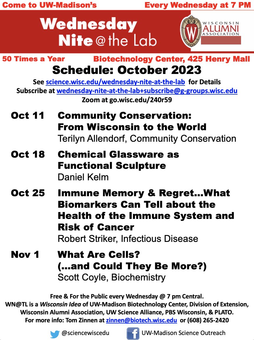 science.wisc.edu (@sciencewiscedu) on Twitter photo Say Yes to <a href="/WedNiteAtTheLab/">Wed. Nite At The Lab (on hiatus as of 2023.11.22)</a> into No-vember.
Explorations & Expositions by speakers from
<a href="/ComConsInc/">Community Conservation Inc.</a>
<a href="/uwsmph/">UW School of Medicine and Public Health</a>
@UWSMPH
<a href="/UWBiochem/">UW–Madison Biochem</a>
<a href="/UWMadisonCALS/">UW–Madison CALS</a>
<a href="/CellRaiser_/">Scott Coyle</a>
In partnership with <a href="/WisAlumni/">Wisconsin Alumni</a> <a href="/UWMadisonExt/">UW–Madison Division of Extension</a> <a href="/UWiscResearch/">UWResearch</a> <a href="/UWBiotechCenter/">BioTrek Outreach</a> <a href="/wisconsin4h/">Wisconsin 4-H</a> & <a href="/PBSWI/">PBS Wisconsin</a>'s University Place Say Yes to <a href="/WedNiteAtTheLab/">Wed. Nite At The Lab (on hiatus as of 2023.11.22)</a> into No-vember.
Explorations & Expositions by speakers from
<a href="/ComConsInc/">Community Conservation Inc.</a>
<a href="/uwsmph/">UW School of Medicine and Public Health</a>
@UWSMPH
<a href="/UWBiochem/">UW–Madison Biochem</a>
<a href="/UWMadisonCALS/">UW–Madison CALS</a>
<a href="/CellRaiser_/">Scott Coyle</a>
In partnership with <a href="/WisAlumni/">Wisconsin Alumni</a> <a href="/UWMadisonExt/">UW–Madison Division of Extension</a> <a href="/UWiscResearch/">UWResearch</a> <a href="/UWBiotechCenter/">BioTrek Outreach</a> <a href="/wisconsin4h/">Wisconsin 4-H</a> & <a href="/PBSWI/">PBS Wisconsin</a>'s University Place
