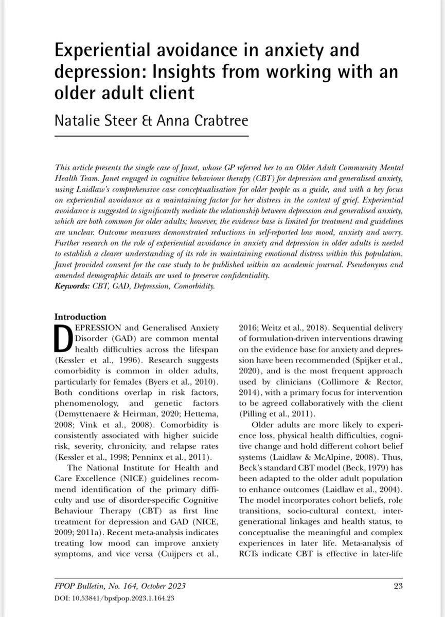 Our article titled ‘Experiential avoidance in anxiety and depression: Insights from working with an older adult client’ out now in the Faculty for the <a href="/BPSOfficial/">British Psychological Society</a> Psychology of Older People (FPOP) bulletin. <a href="/AnnaCrabtree123/">Anna Crabtree</a> 

Link: explore.bps.org.uk/content/bpsfpo…