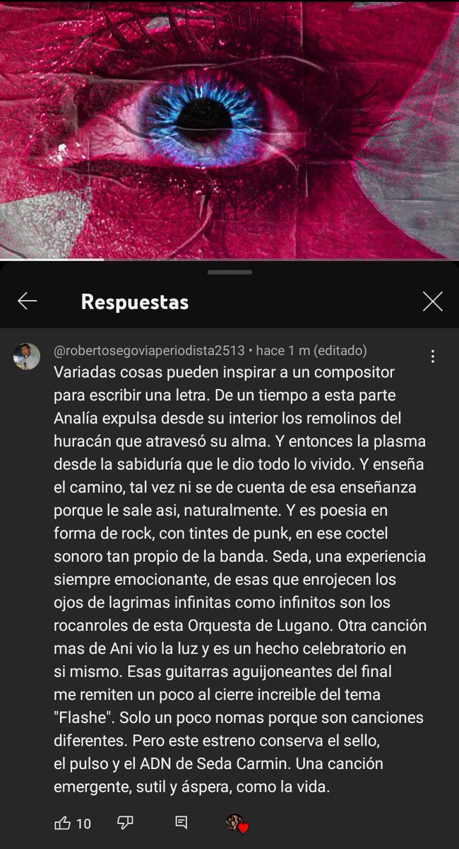 Un comentario en YouTube sobre "Ojos Rojos" que nos sorprendió gratamente.

<a href="/Analiaboccomino/">Analía Boccomino</a>

#SedaCarmin 
#RockNacional