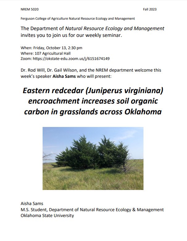 Part 2 for seminar on Friday! Come join us for a second talk by MS student Aisha Sams on Friday, Oct. 13. All are welcome to attend in person at 2:30 PM in 107 Ag Hall or virtually on Zoom.

Zoom Link: okstate-edu.zoom.us/j/6151674149