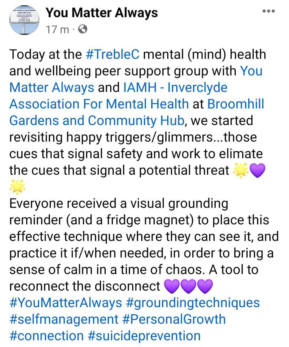 SuzieYMA's tweet photo. Today at the #TrebleC mental (mind) health & wellbeing peer support group with @SuzieYMA and @ForInverclyde @CCFErin
we started revisiting happy triggers/glimmers...those cues that signal safety & work to elimate the cues that signal a potential threat 🌟💜🌟 #YouMatterAlways https://t.co/kNSTQqvPju