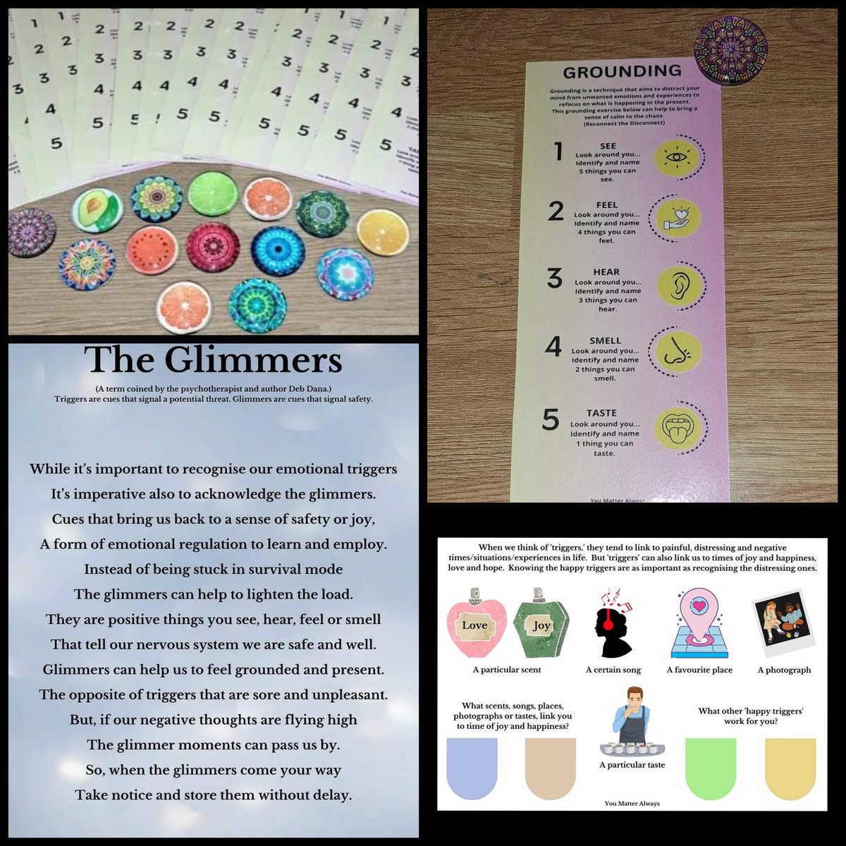 SuzieYMA's tweet photo. Today at the #TrebleC mental (mind) health & wellbeing peer support group with @SuzieYMA and @ForInverclyde @CCFErin
we started revisiting happy triggers/glimmers...those cues that signal safety & work to elimate the cues that signal a potential threat 🌟💜🌟 #YouMatterAlways https://t.co/kNSTQqvPju