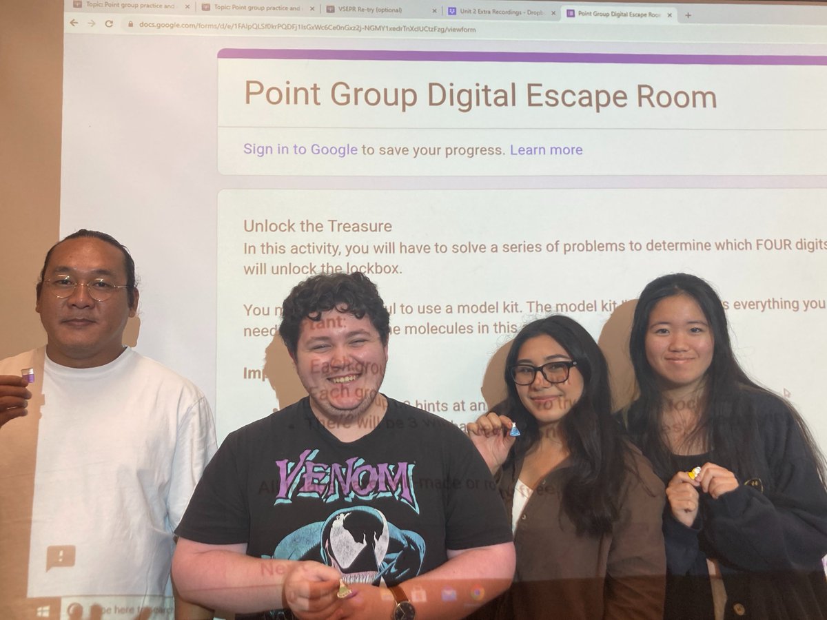 joya_cooley's tweet photo. My favorite day in Inorganic - Point Group Escape Room day! Three winning teams within SECONDS of one another! Team 2 (9:43), Mystery Team (9:46) and Team Particle In A Box (9:56). https://t.co/SeU1LoejNL