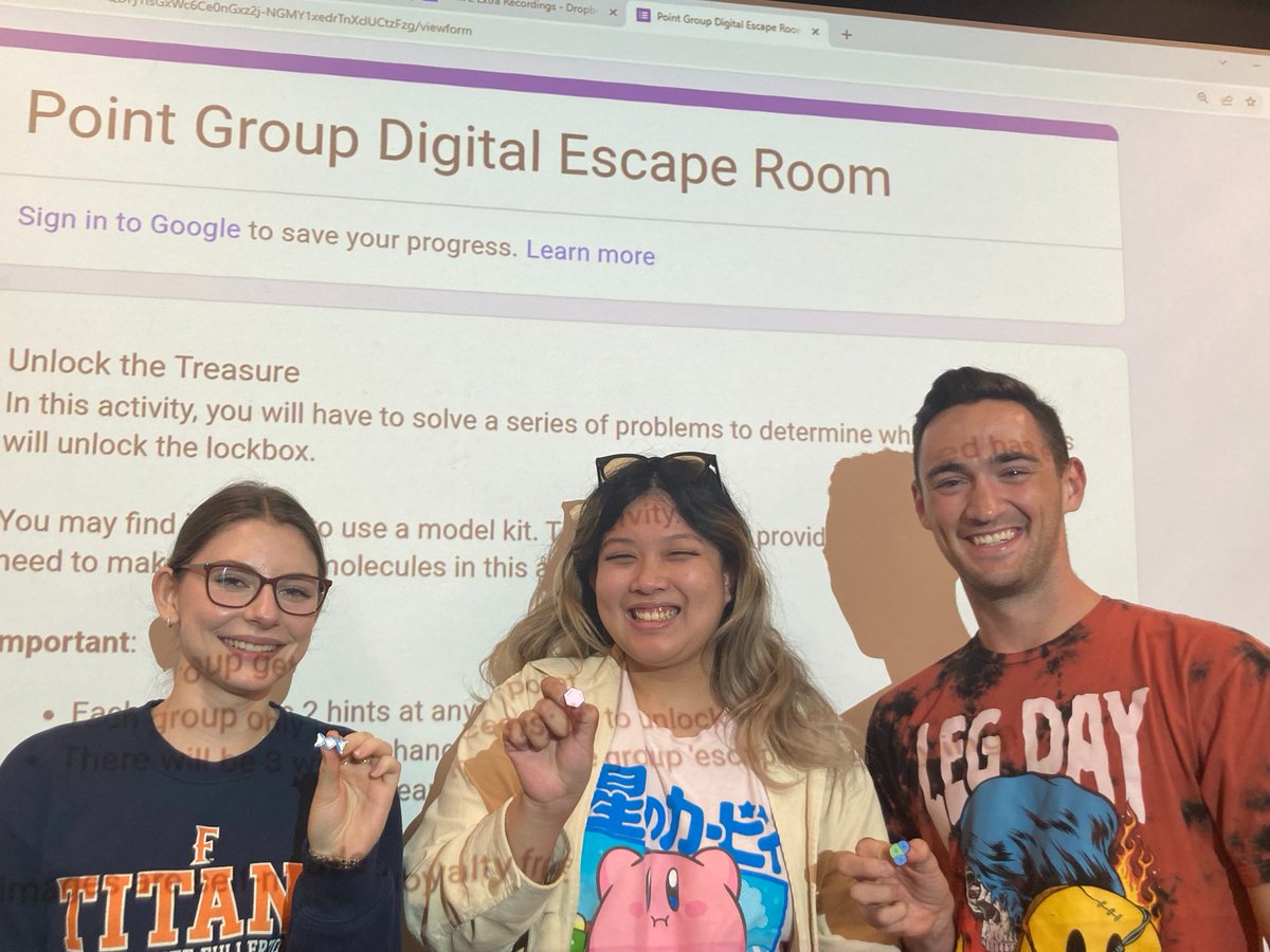 joya_cooley's tweet photo. My favorite day in Inorganic - Point Group Escape Room day! Three winning teams within SECONDS of one another! Team 2 (9:43), Mystery Team (9:46) and Team Particle In A Box (9:56). https://t.co/SeU1LoejNL