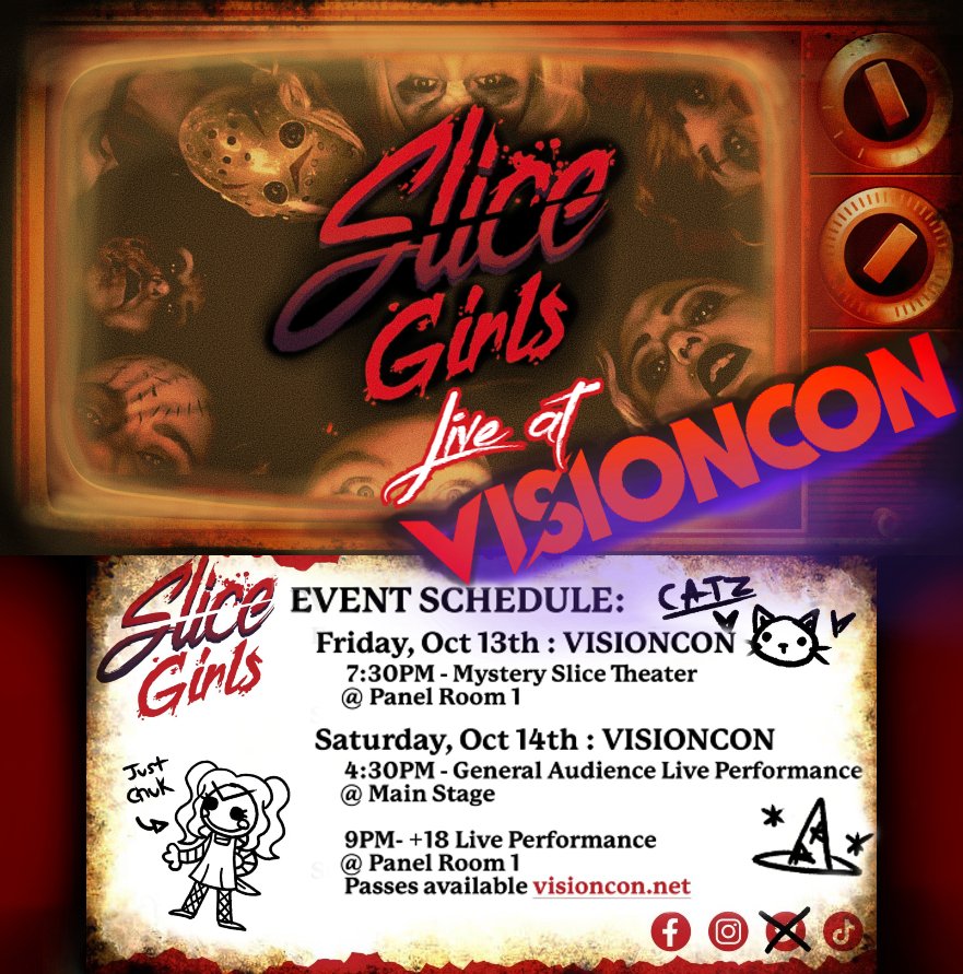 Experience HORROR, MUSIC, and PARODY at VisionCon 2023 with the Slice Girls!
Join your favorite vixens of violence for a weekend full of fright-filled events that'll have you SCREAMING for more!
#VisionCon2023 #slicegirls417 #slicegirls
