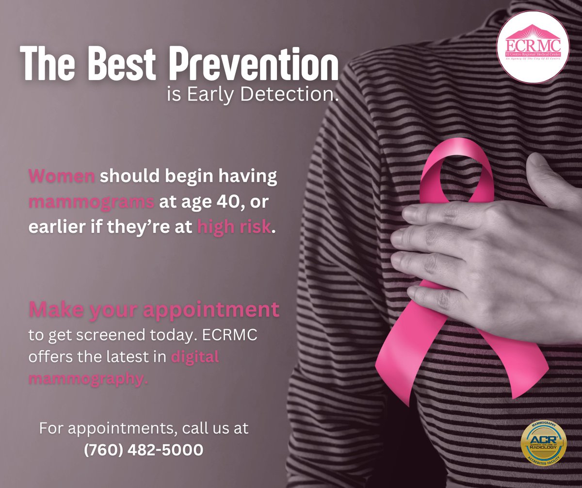 ECRMC's tweet photo. October is #BreastCancerAwarenessMonth, and ECRMC wants to remind you that the best prevention is early detection. ECRMC offers the latest in digital mammography and offers a wide variety of preventive and screening services. 
For appointments call us at (760)482-5000 https://t.co/RUMMf0eApH