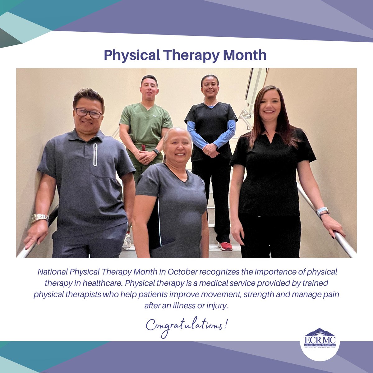 ECRMC's tweet photo. October is the perfect time to focus on healthy self-care because we’re celebrating National Physical Therapy Month! Physical therapy is not just for injury recovery. Its benefits also include injury and illness prevention. https://t.co/KZzNhJdTvx
