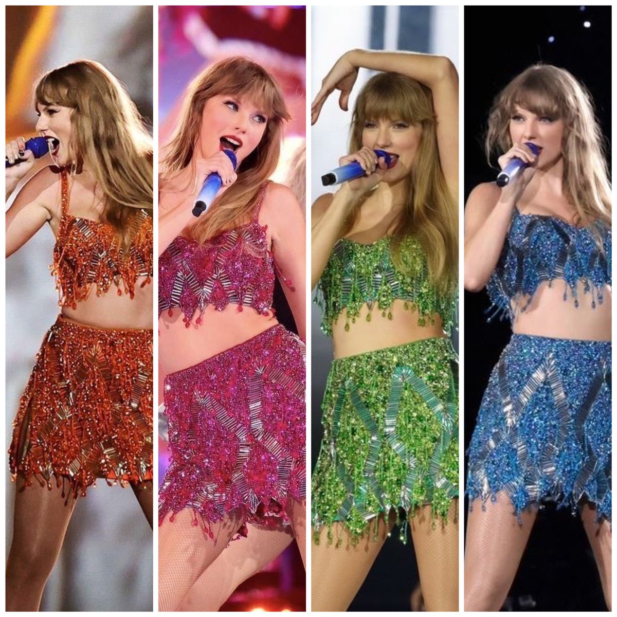 THE13MANUSCRIPT's tweet image. Which 1989 Eras Tour outfit is your favorite? 🧡💖💚🩵