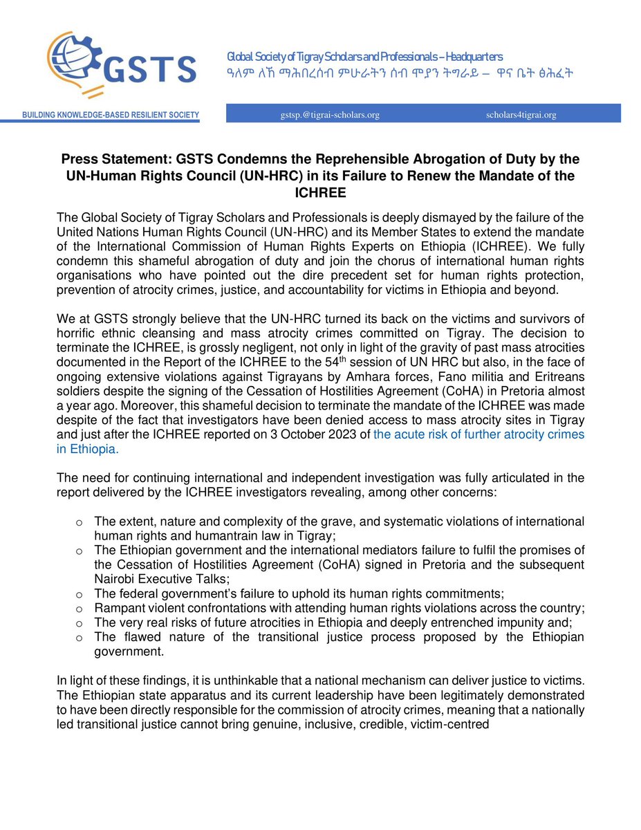 BerhanuAsres's tweet photo. GSTS condemns the abrogation of duty by @UN_HRC in its failure to renew the mandate of the ICHREE, setting a dire precedent encouraging impunity in Ethiopia &amp; beyond. #HRC54 #Tigray @JosepBorrellF @SecBlinken @JamesCleverly @volker_turk  @UNHumanRights  @amnesty @AmnestyEARO @hrw https://t.co/1sCgjhyxTb