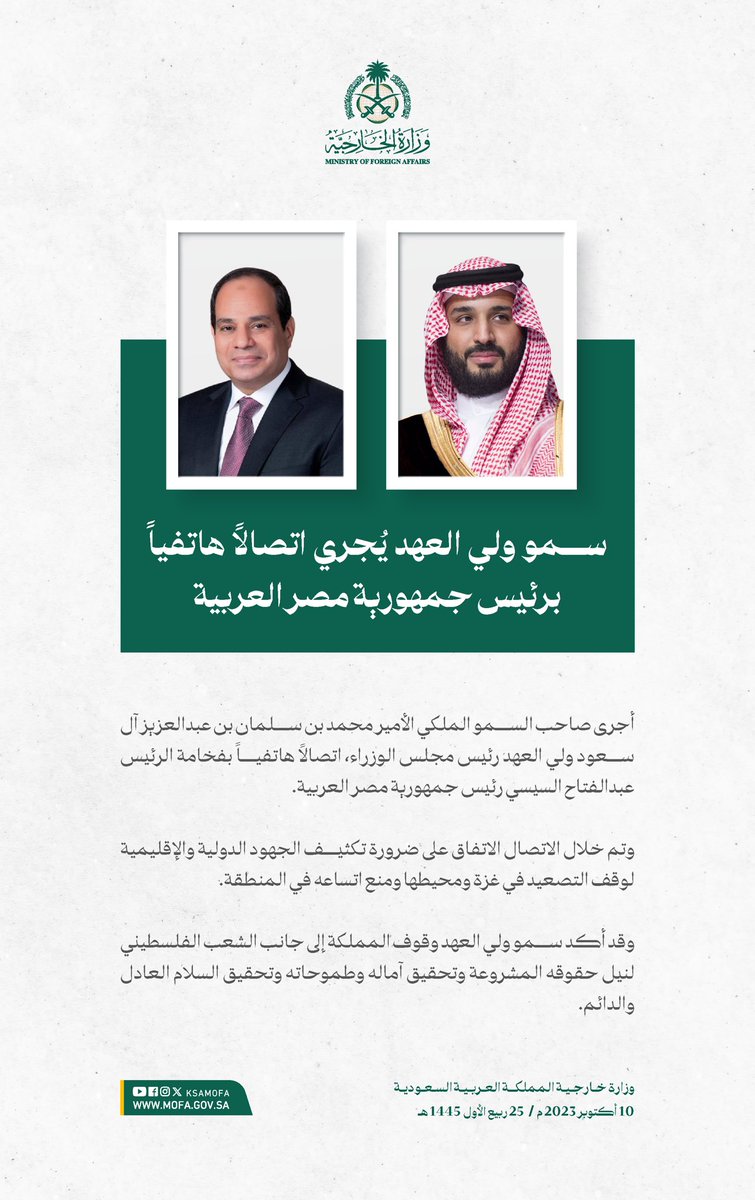 سمو #ولي_العهد ورئيس جمهورية مصر العربية يتفقان في اتصال هاتفي على ضرورة تكثيف الجهود الدولية والإقليمية لوقف التصعيد في غزة ومحيطها ومنع اتساعه في المنطقة، وسموه يؤكد وقوف المملكة إلى جانب الشعب الفلسطيني لنيل حقوقه المشروعة وتحقيق آماله وطموحاته وتحقيق السلام العادل والدائم.