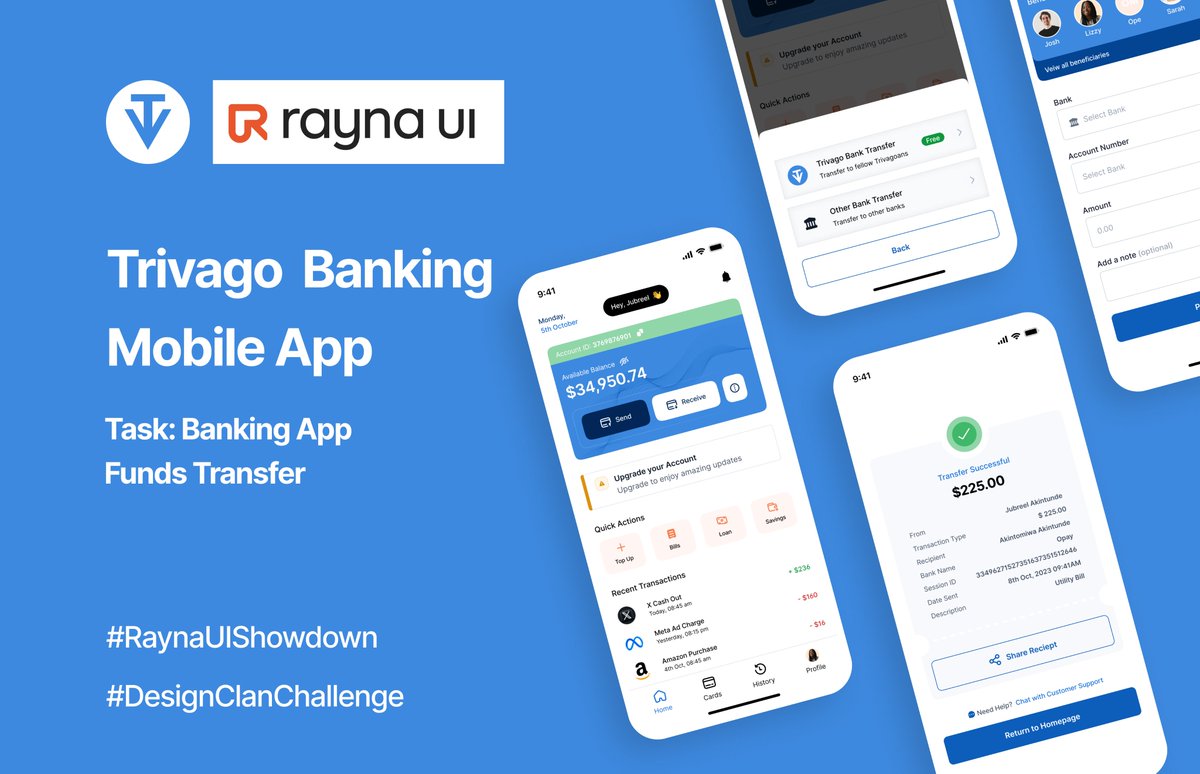 tomiwakintunde's tweet photo. My entry for the #designclanchalleng
I designed screens for transferring funds between accounts in a mobile banking application.
#RaynaUIShowdown #designclan #designclanchallenge https://t.co/FhppHshUdR