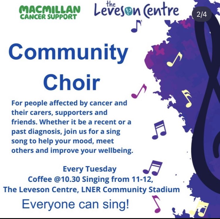 Affected by any cancer in York and looking for something to lift your spirits? join the new, free, wellbeing choir at the #LevesonCentre each Tuesday at 10.30. friends, family and supporters also welcome. 
#breastcancerawarenessmonth #cancerwellbeingchoiryork #singingforwellbeing