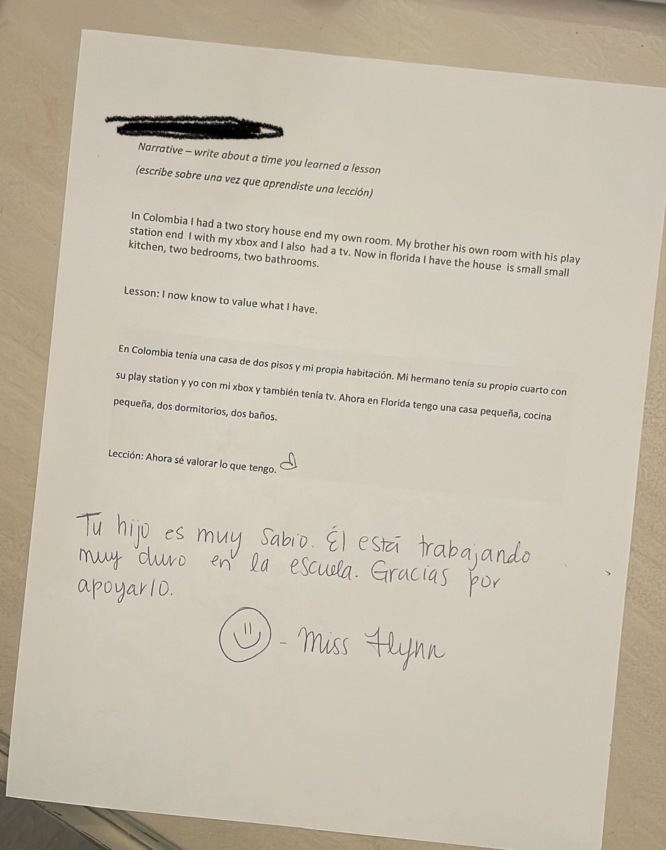 I just had to send home this student’s narrative writing with a very special note for his parents. This student might be learning English …but I can tell he is wiser than many adults, and he’s only in the 4th grade! <a href="/LelyLionsRoar/">Lely Elementary</a> <a href="/CCPSElemELA/">CCPS Elementary ELA</a> <a href="/collierschools/">Collier County Public Schools</a> 🩵💚