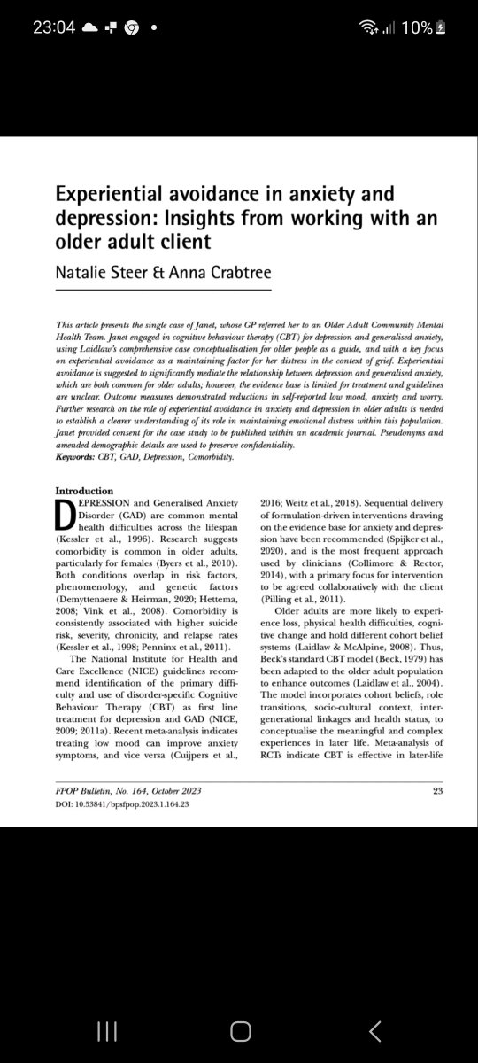 <a href="/NatalieSteer/">Natalie steer</a> &amp; I are pleased to see our paper published in <a href="/FPOPofficial/">FPOP</a> Bulletin. We discuss work w an OA client where focus on experiential avoidance in the formulation resulted in clinically significant reductions in symptoms of anxiety &amp; depression after 9 therapy sessions.