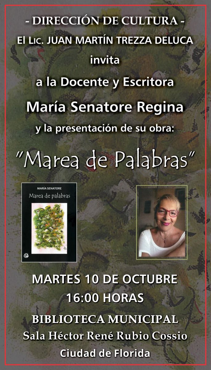 Presentación del libro "Marea de palabras" de María Senatore Regina.
Martes 10 de octubre 16:00 horas en biblioteca municipal.
Invita <a href="/Culturaidf/">Dir. Gral. de Cultura IDF</a>.