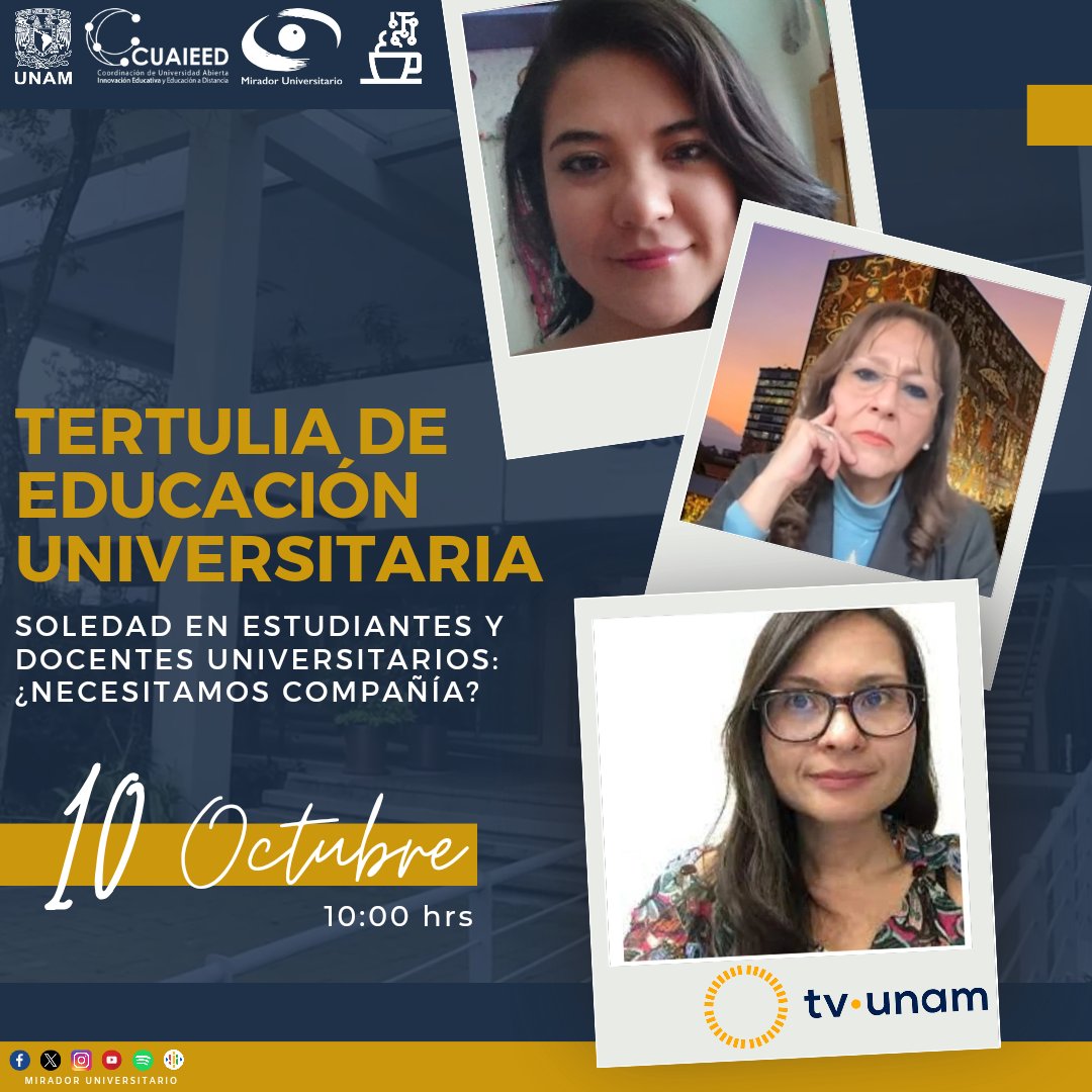 MiradorCUAED's tweet photo. Mañana en @tvunam acompañanos a analizar implicaciones educativas de la soledad en los estudiantes y docentes universitario, así algunas estrategias para enfrentarla.

🔴 Disponible en #YouTube:
https://t.co/FRW97xDFVH

@UNAM_MX @cuaieedunam @FESI_UNAM @unam_psicologia https://t.co/7EqCdiIYie