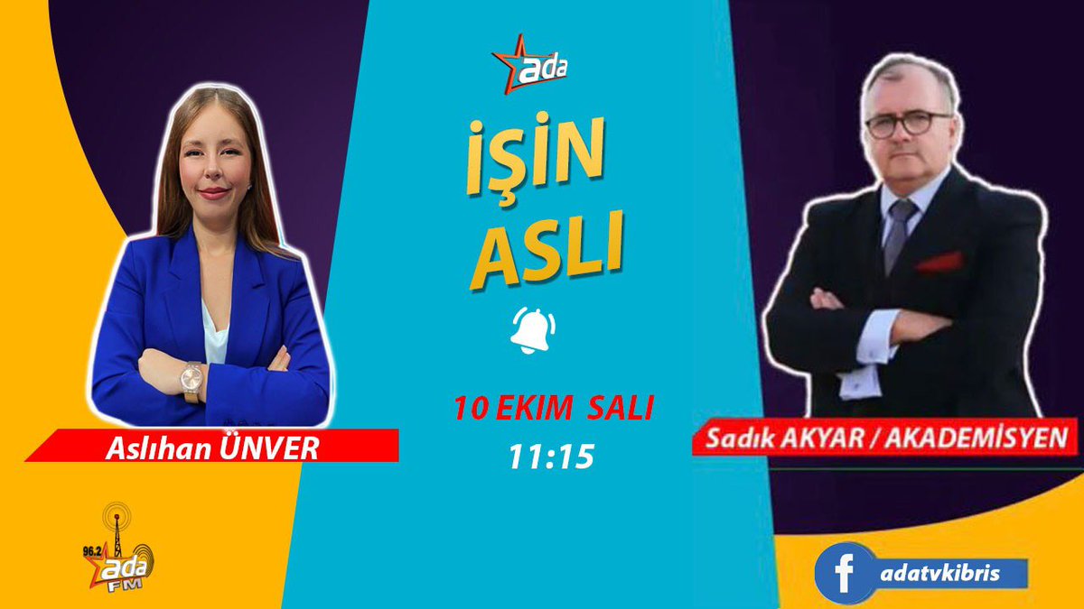 Yarın(10 Eki) saat 11;20’de <a href="/AdaTV_Kibris/">Ada TV Kıbrıs</a> ‘de Sn. <a href="/asliaunver06/">asliaunver06</a> ile “Hamas’ın saldırısı ve İsrail’in muhtemel hamlelerini” konuşacağız. <a href="/girneamerican/">Girne American Uni</a> <a href="/GauMedia/">GAU Media</a> <a href="/akpinar_serhat/">Serhat AKPINAR</a> <a href="/hasanunal1920/">Prof. Dr. Hasan Ünal</a> <a href="/HakanAridemir/">Hakan Arıdemir</a> <a href="/tesamtr/">TESAM</a> <a href="/tuicakademi/">TUİÇ Akademi</a> <a href="/TurgutluYanki/">Yankı Gazetesi</a> <a href="/Benovsh24775108/">Benovshe</a>