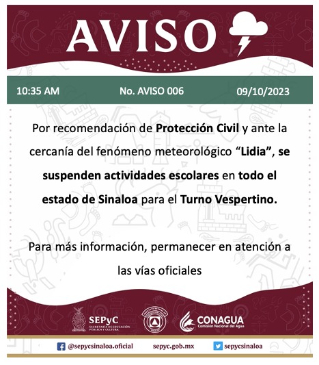 Aviso ⚠
Se mantiene suspensión de actividades escolares para todo el estado de Sinaloa en el Turno Vespertino, de acuerdo a la recomendación emitida por Protección Civil.