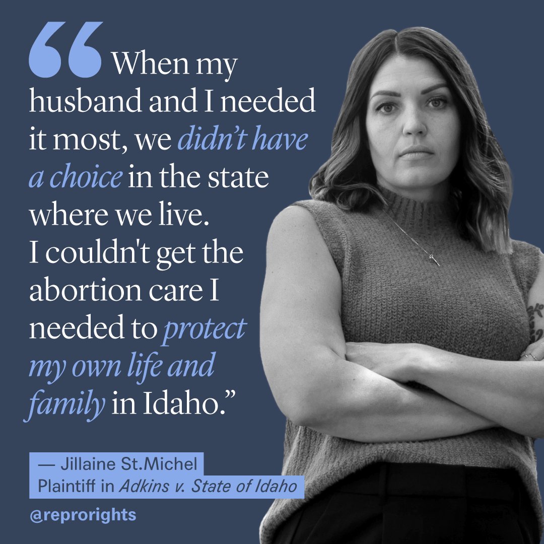 “I am speaking out now so that other Idaho women who will need to make a difficult decision about their body and what’s best for their family will have the right to make it, whichever way they choose,” says Jillaine.
Learn more about our case: bit.ly/468q6H1