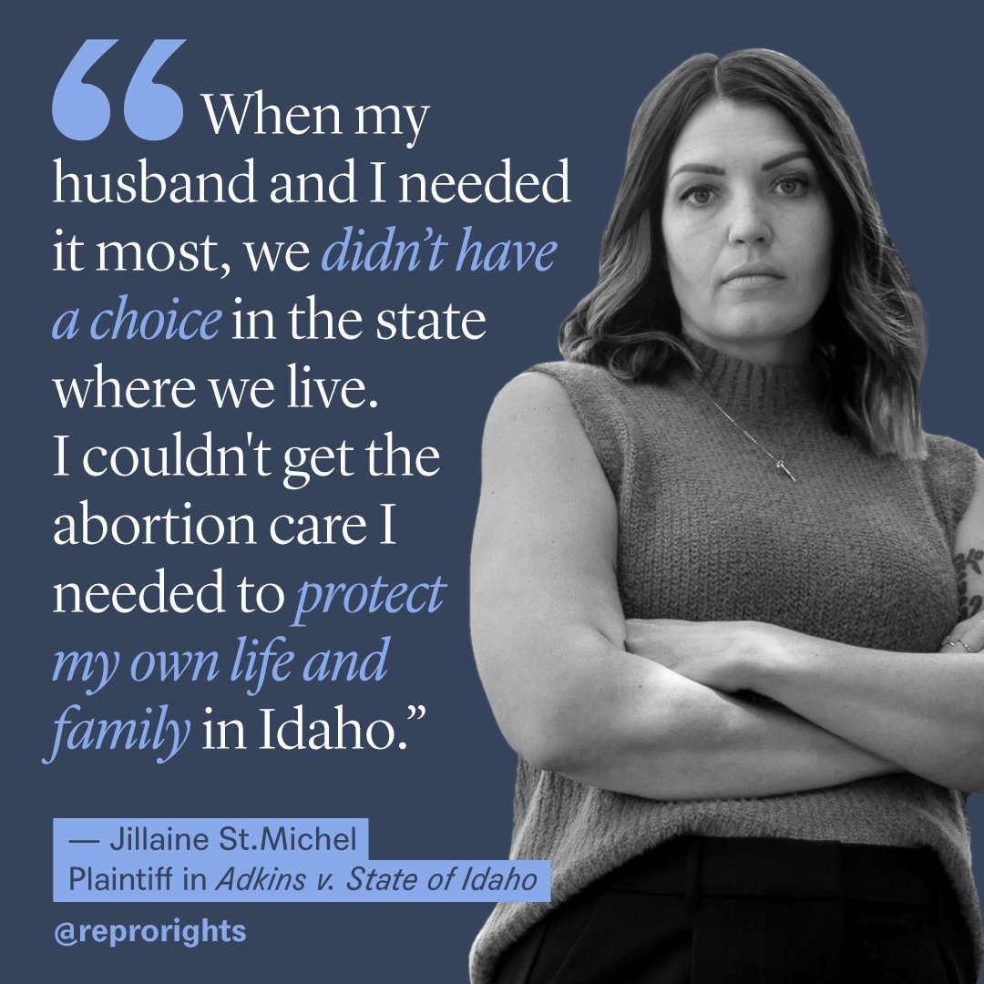 “I am speaking out now so that other Idaho women who will need to make a difficult decision about their body and what’s best for their family will have the right to make it, whichever way they choose,” says Jillaine. Learn more about our case: bit.ly/468q6H1