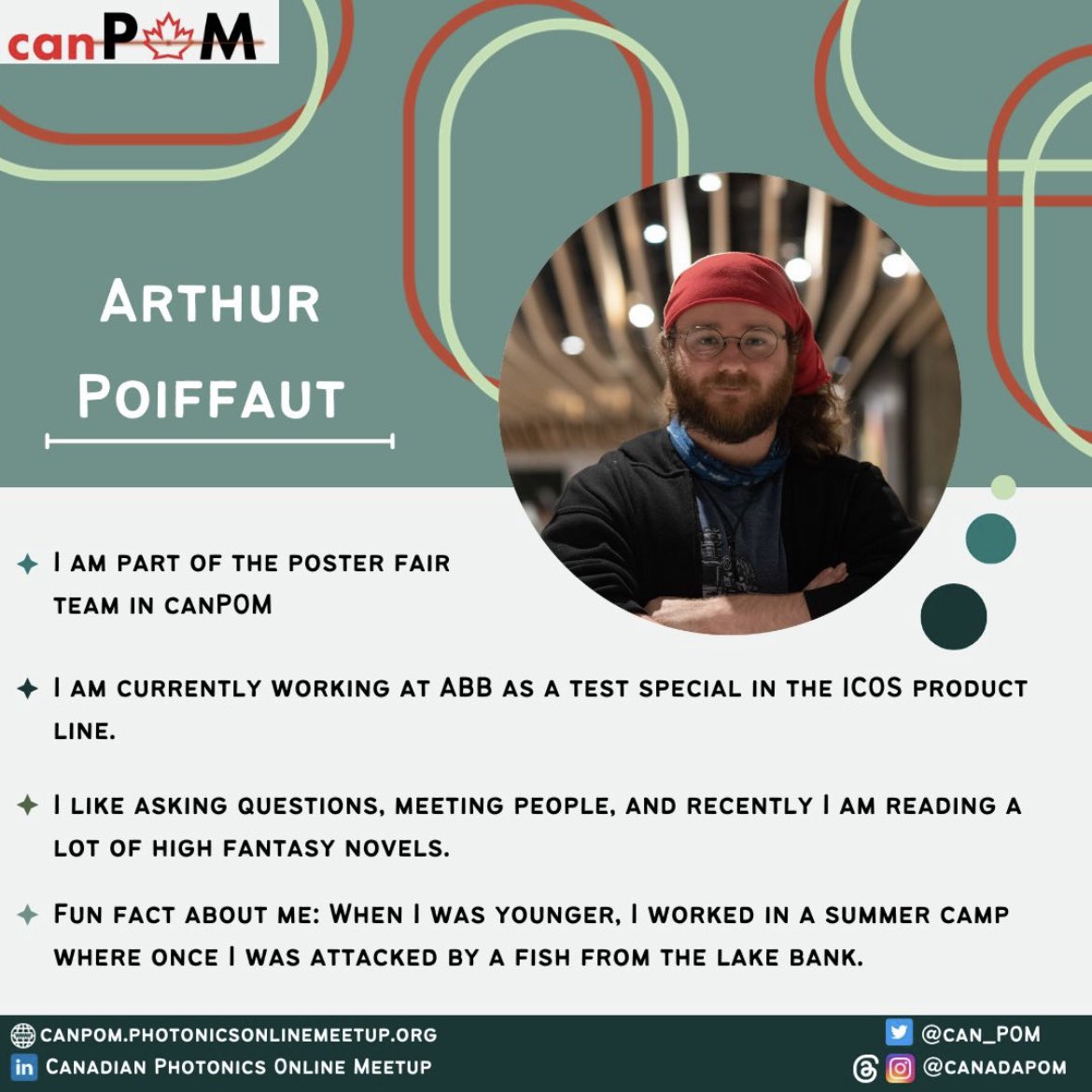 can_POM's tweet photo. Hello, I am Arthur Poiffaut, and it is my first year in canPOM. I am in the poster fair organization team! I am currently working at ABB as a test special in the ICOS product line. I like asking questions, meeting people, and recently I am reading a lot of high fantasy novels. https://t.co/ri9xGMd9bI
