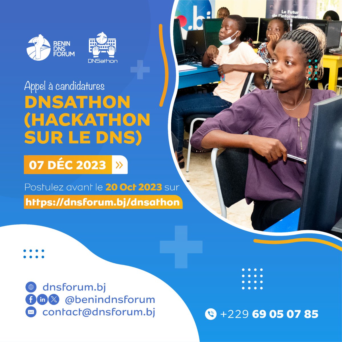 benindnsforum's tweet photo. 🚀🌐 Appel à Candidatures pour le DNSathon 🌐🚀
Participez au #DNSathon et relevez le défi de cette année! Montrez vos compétences en matière de #DNS et innovez dans la #sécurité et la #résilience 💻🔒
Date limite: 20 octobre 2023 https://t.co/hlObabLLFZ
#BDF2023 #BeninNumérique https://t.co/H2W652qa8k