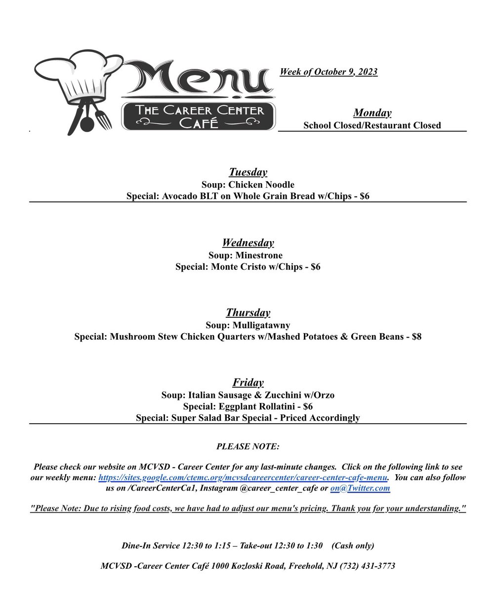 Check out the Career Center Cafe! Our full-service restaurant that is open to the public for lunch M-F 12:30-1:30. Eat in or call for take-out! 

Follow them on Instagram @career_center_cafe  or twitter <a href="/CareerCenterCa1/">Career Center Cafe'</a>  🥙🥪🍕🍗🥘🥦🥖🥕