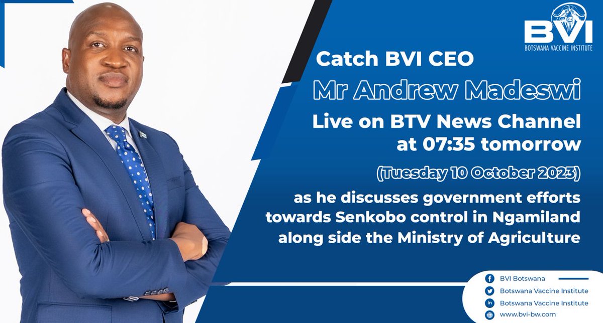 Catch BVI CEO Mr. Andrew Madeswi live on BTV News Channel at 07:35 tomorrow(Tuesday 10 October 2023) as he discusses government efforts towards Senkobo control in Ngamiland along side the Ministry of Agriculture.
