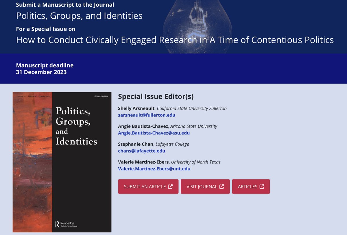 I am co-editing a Special Issue in Politics, Groups and Identities (PGI) on the theme: 'How to Conduct Civically Engaged Research in A Time of Contentious Politics.' Share CFP & submit your work here: think.taylorandfrancis.com/special_issues… @APSAtweets