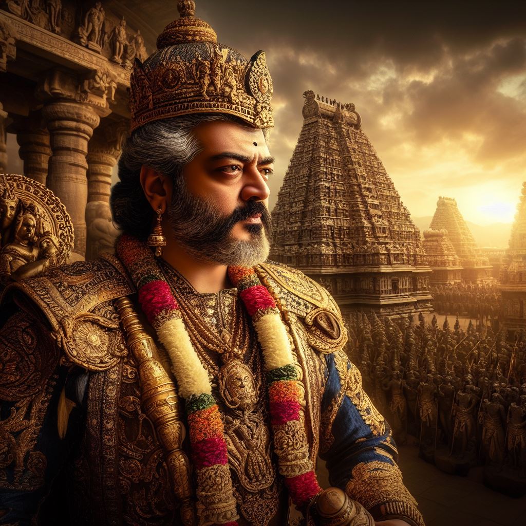 cinemapatti's tweet photo. I have written a screenplay based on #RajaRajaCholan, who comes to the present to revisit his own built Thanjai Kovil after 1000 years. There, he sees the present Tamil people, Tamil language, food, politics, and the system, everything as terrible. What happens next... with #AjithKumar in my mind, this is its conceptual poster. I'm waiting to 𝘿𝙞𝙧𝙚𝙘𝙩 #Ajith sir one day."

@SureshChandraa @Dhananjayang @vp_offl @iam_SJSuryah @vishnu_dir @Premgiamaren @LycaProductions @shankarshanmugh