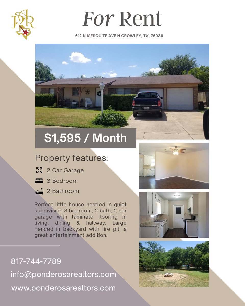 PonderosaBroker's tweet image. Don't miss out on this adorable property in #crowleytx Very reasonably priced home for rent, #3bed 2 Bath with large fenced in backyard and fire pit perfect for the upcoming #autumn evenings &amp;amp; stargazing! Quiet neighborhood, call to schedule a viewing!

#texasrealestate #northtx