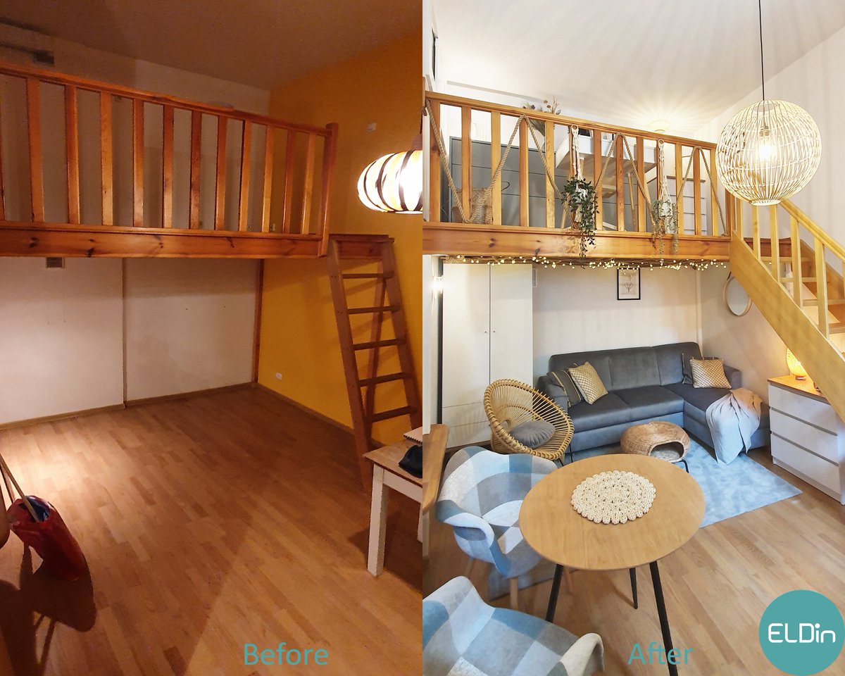 ELDINstudio's tweet photo. Before-After.
Renovation of a dark studio apartment for rent. Replacing the mezzanine ladder with stairs, removing shelves and installing cabinets, repainting red and yellow walls and some of the wooden elements to brighten up the space, as well as furnishing the place. https://t.co/5zGVCKrS9G