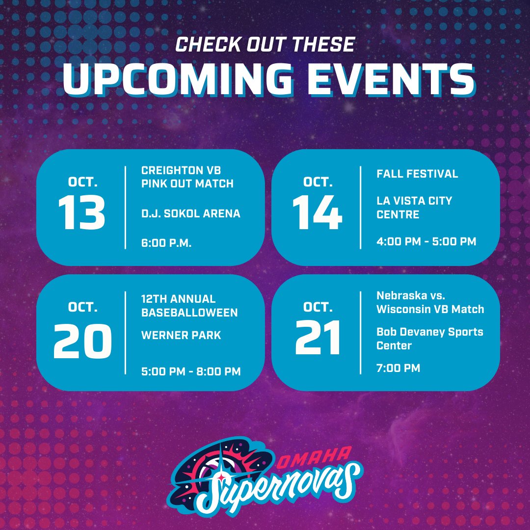 OmahaSupernovas's tweet image. Ready for some excitement? 🌟 Get your calendars out, Omaha Supernovas fans, because we've got some action-packed weeks ahead! 📆 Here's a sneak peek at what's in store!

Which event are you most excited about? 🤩✨

#OmahaSupernovas #Supernovas #RealProVb #NeProVb  #OurTime