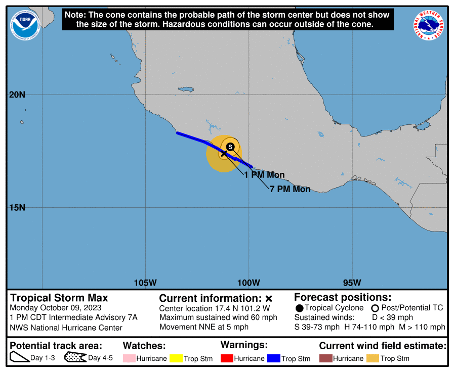 LimWeather's tweet photo. 60mph TS #Max landfalling now
#tropicalstormwarning in effect from #Acapulco to #PuntaSanTelmo, which is covers most of #guerrero and #michoacan states
life threatening #Flooding and #Mudslides are likely
#Wxtwitter #Tropicswx #Mexico #TropicalStorm #TropicalStormMax https://t.co/9cTnzNocWD