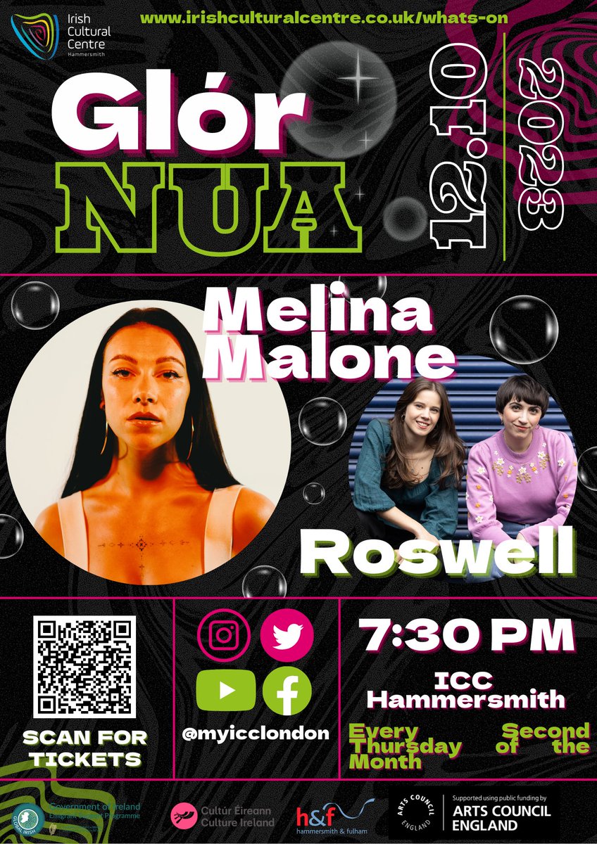 The Irish Cultural Centre (@myicclondon) on Twitter photo 🎶Reminder: 🗓️Join us Thu 12 October for #GlórNua feat. <a href="/MelinaMalone/">Melina Malone</a> + folk duo @roswellbanduk 🎤
Experience #MelinaMalone's sultry soul tunes + Roswell's harmonious serenades. Get your tickets!🎵
🕢Doors open at 7.30pm, concert at 8pm. 🎟️Tickets: £5/15 bit.ly/3PRheji 🎶Reminder: 🗓️Join us Thu 12 October for #GlórNua feat. <a href="/MelinaMalone/">Melina Malone</a> + folk duo @roswellbanduk 🎤
Experience #MelinaMalone's sultry soul tunes + Roswell's harmonious serenades. Get your tickets!🎵
🕢Doors open at 7.30pm, concert at 8pm. 🎟️Tickets: £5/15 bit.ly/3PRheji